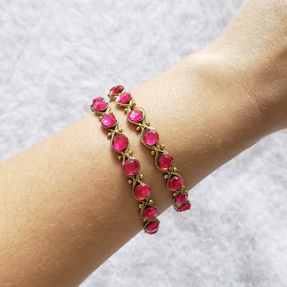 None Jewelry - Vintage Pink Rhinestone Gold Tone Bangel Set of 2